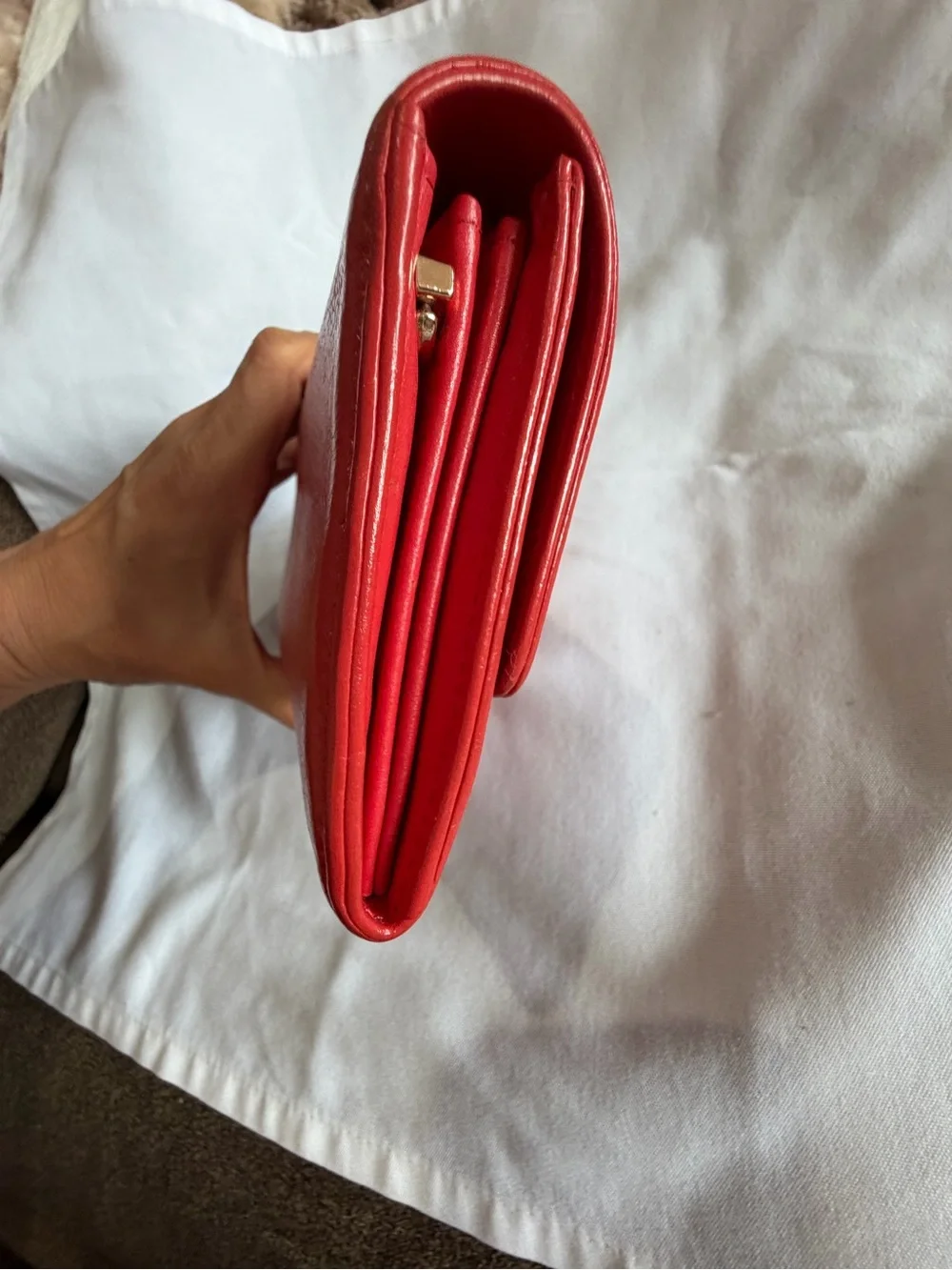 Authentic Chanel Red Lambskin Long Wallet CC Logo Series 26 w/ Added Chain